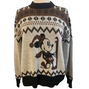 Kennington Vintage Mickey Mouse Skiing Ski Sweater Knit White Brown Black Large